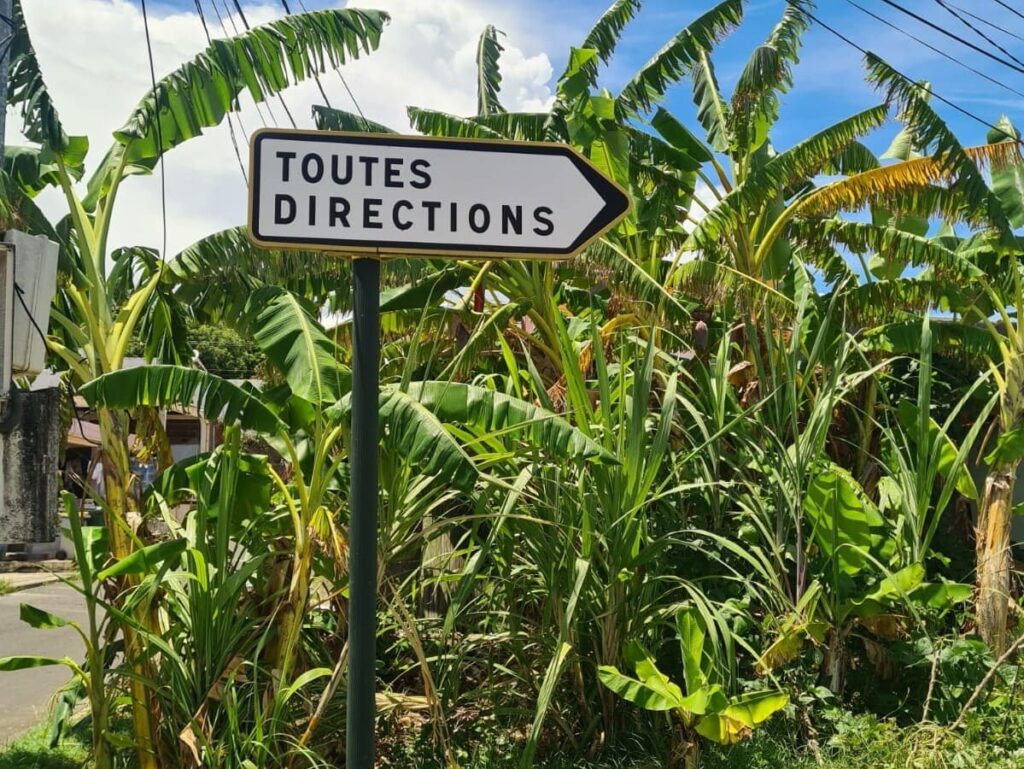 Sign in front of a lush jungle with the words 'toutes directions' written on it, indicating multiple directions to explore the area. Part of the post: "Can you even define an Ecosystem accurately? "