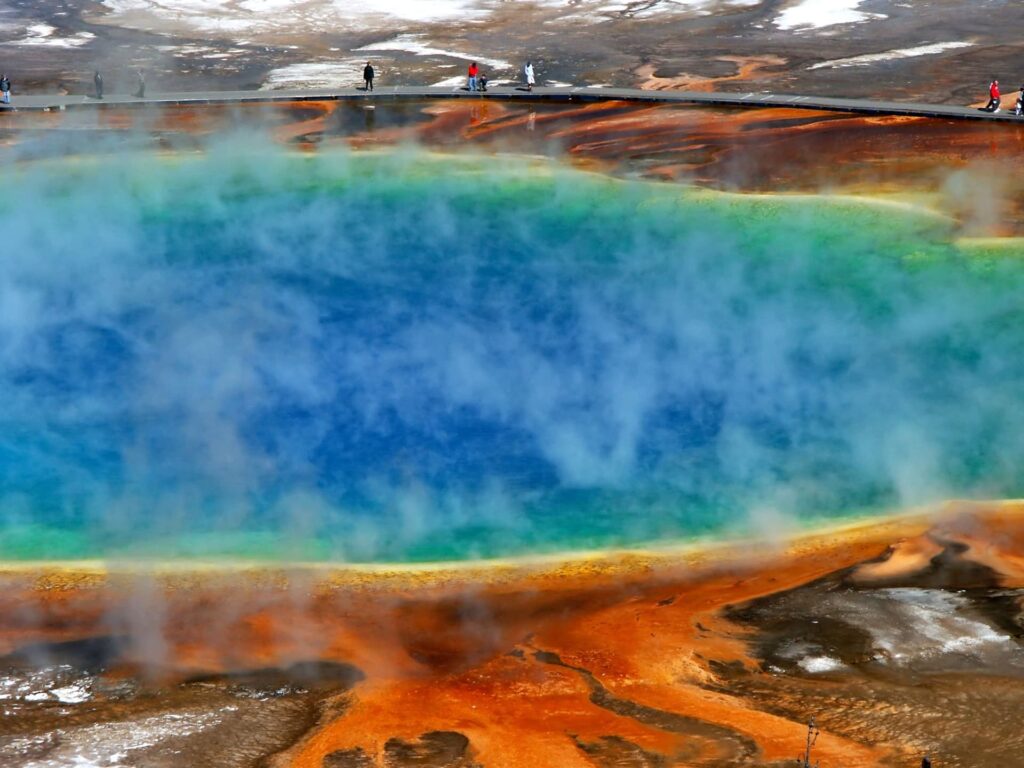 A stunning view of the Yellowstone supervolcano, located in Yellowstone National Park, USA. The supervolcano's last major eruption occurred over 600,000 years ago and its potential for future activity has raised concerns about the possibility of a volcanic winter.